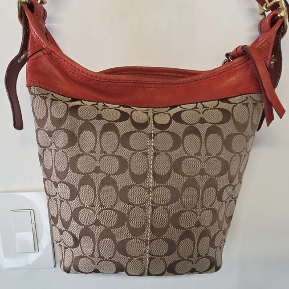 Coach Monogram Canvas Shoulder Bag with Red Leather Trim Vintage - Picture 2 of 13